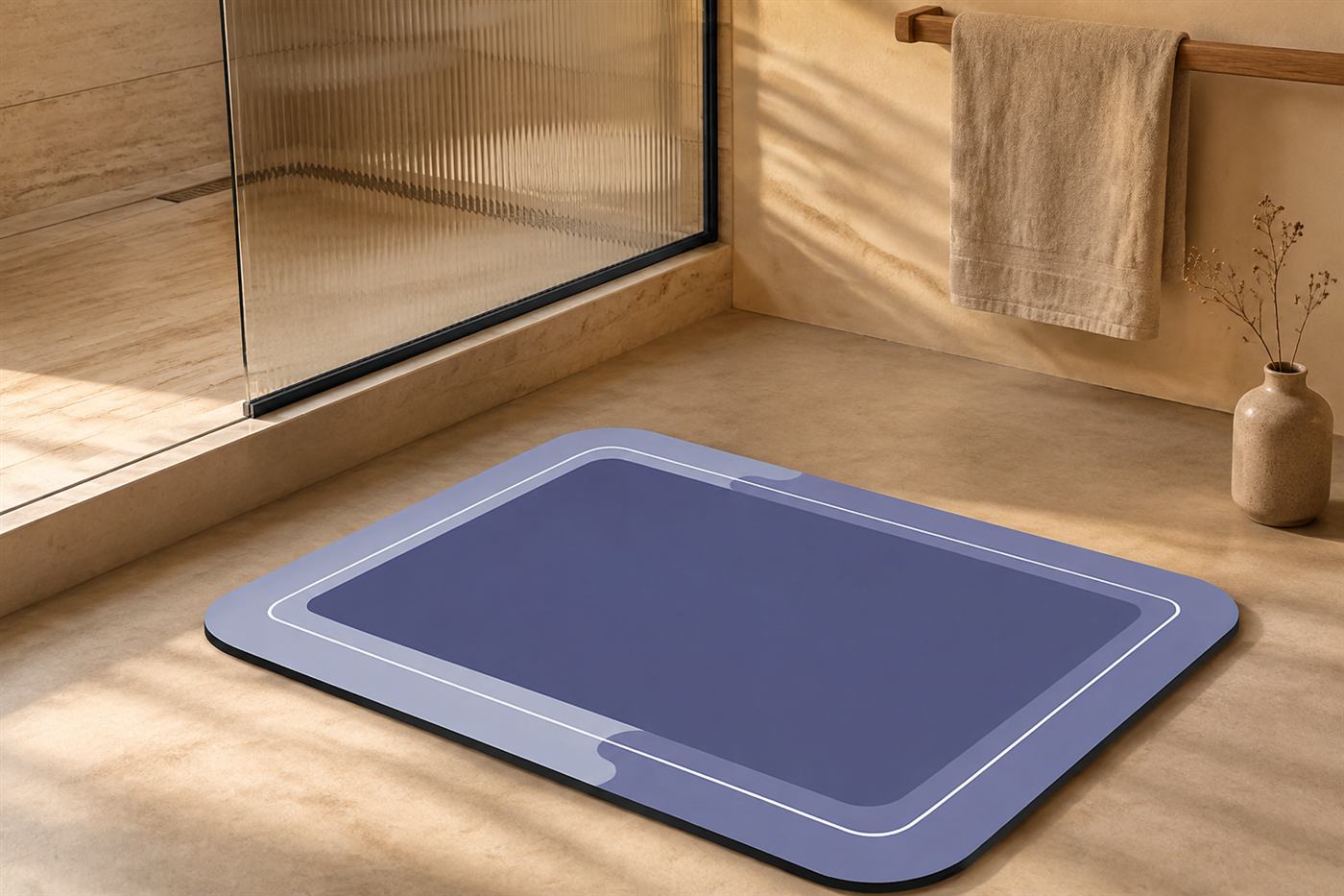 Maison Ivo Bath Mat No.1 in indigo on a micro-cement floor beside a fluted glass shower