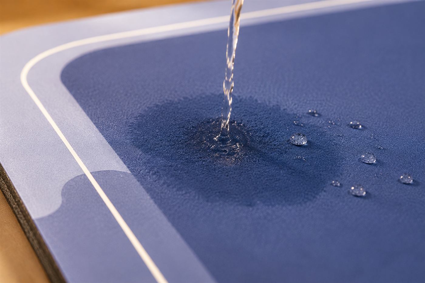 Close-up of water being poured onto the mat and sinking into the surface