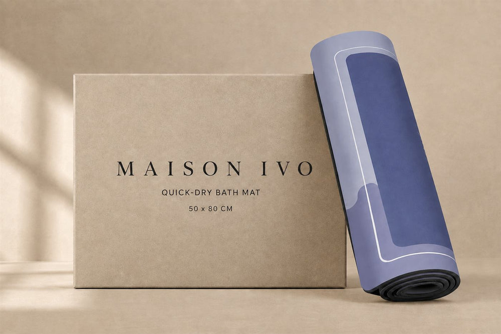 Maison Ivo card sleeve packaging with the rolled bath mat