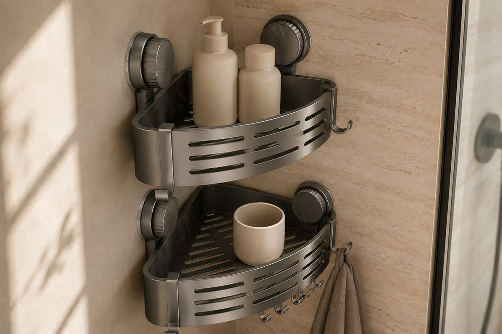 Maison Ivo two-tier gunmetal corner shelf fitted into a plaster shower corner holding bottles