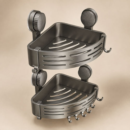 Studio view of the empty two-tier corner shelf showing both slotted trays, railings and side hooks