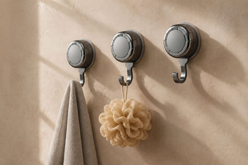 Three Maison Ivo gunmetal suction hooks in a row on a plaster wall holding a towel and a loofah