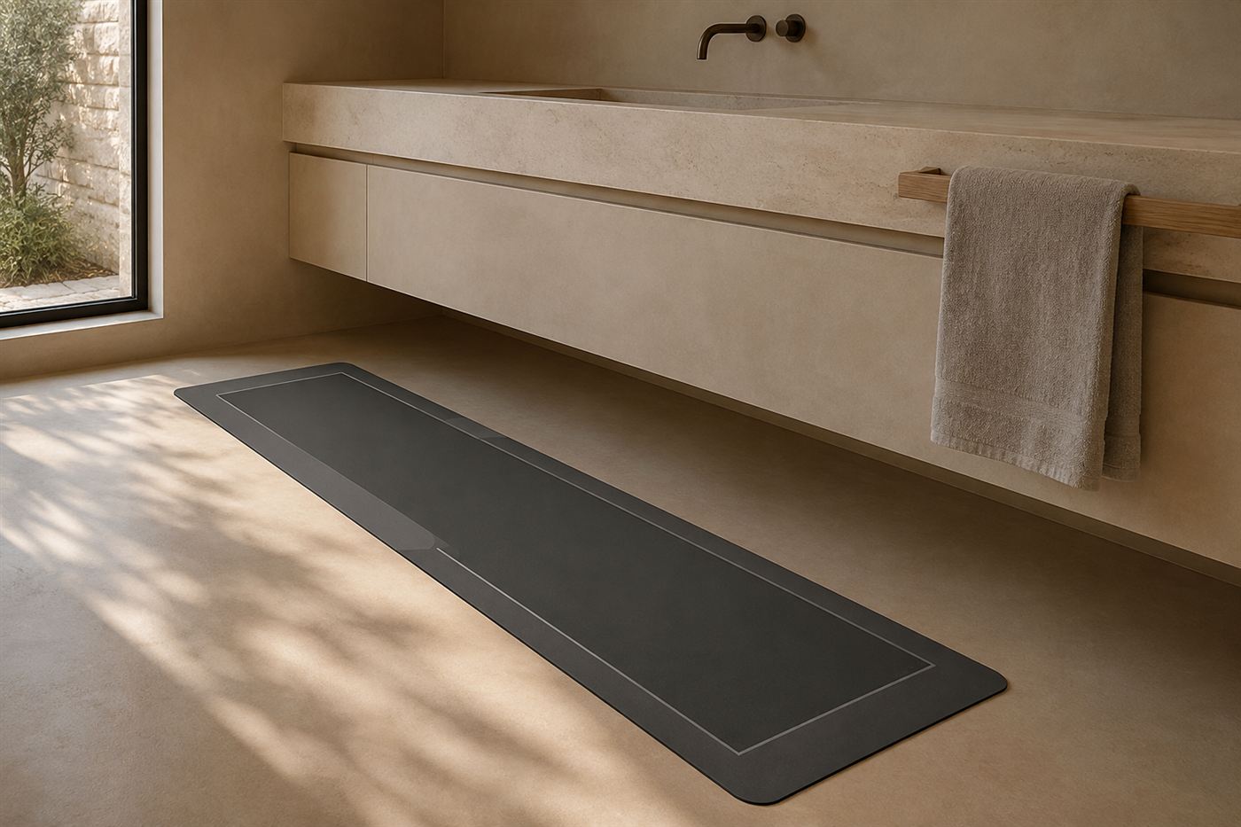 Maison Ivo quick-dry runner in charcoal on a micro-cement floor in front of a plaster vanity