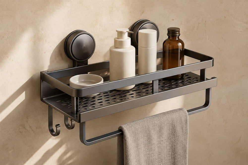 Maison Ivo gunmetal suction shelf on a plaster wall holding bottles, with a towel over the lower rail