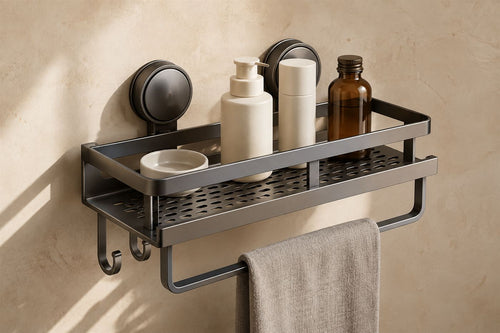 Maison Ivo gunmetal suction shelf on a plaster wall holding bottles, with a towel over the lower rail