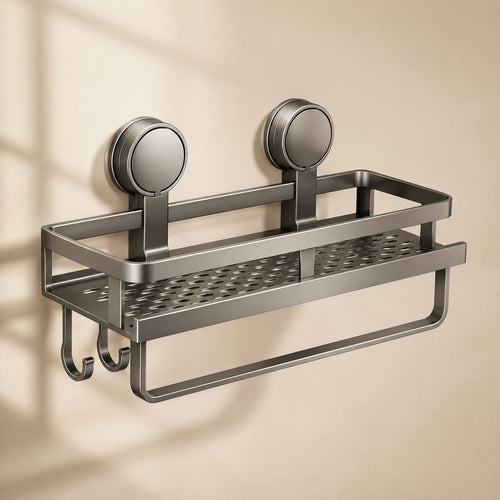 Studio view of the empty shelf showing the perforated tray, railing, towel bar and hooks