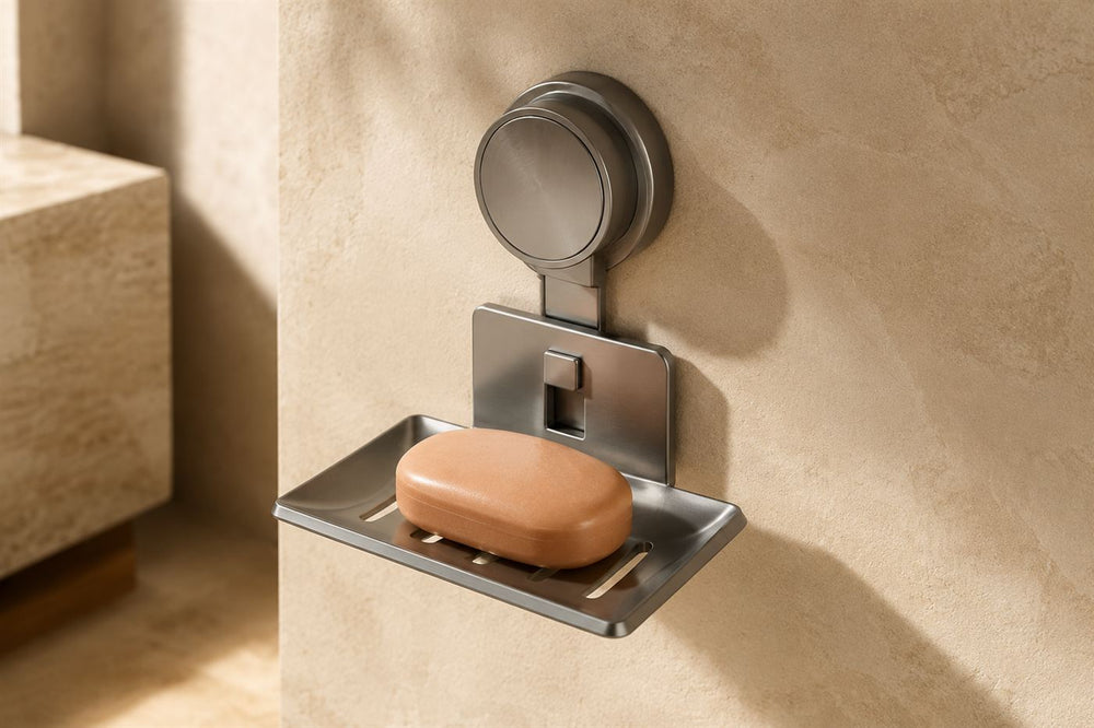 Maison Ivo gunmetal suction soap dish on a warm plaster wall holding a bar of soap